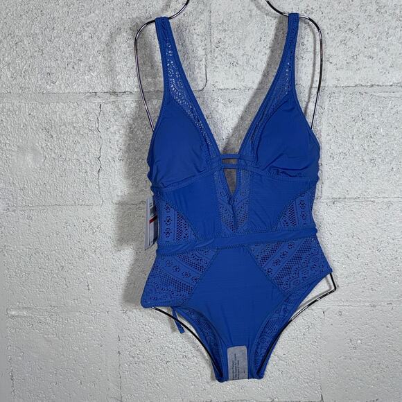 Becca Women's Crochet Plunging One-Piece Keyhole Swimsuit - Cornflower XS $128 - Picture 10 of 14